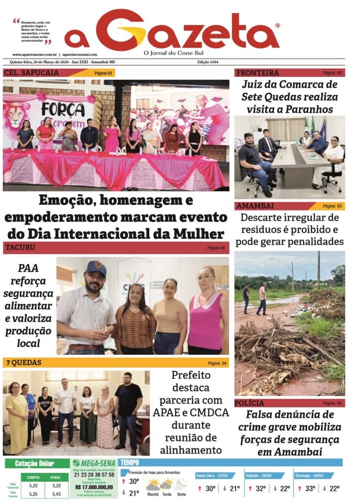 Edição de 26 de março de 2026 do Jornal a Gazeta traz diversas notícias regionais