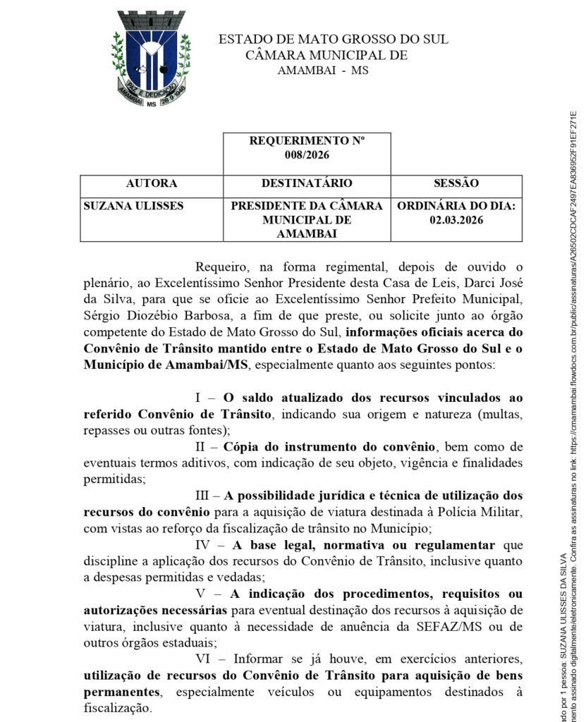 Vereadora Suzana solicita esclarecimentos sobre convênio de trânsito em Amambai