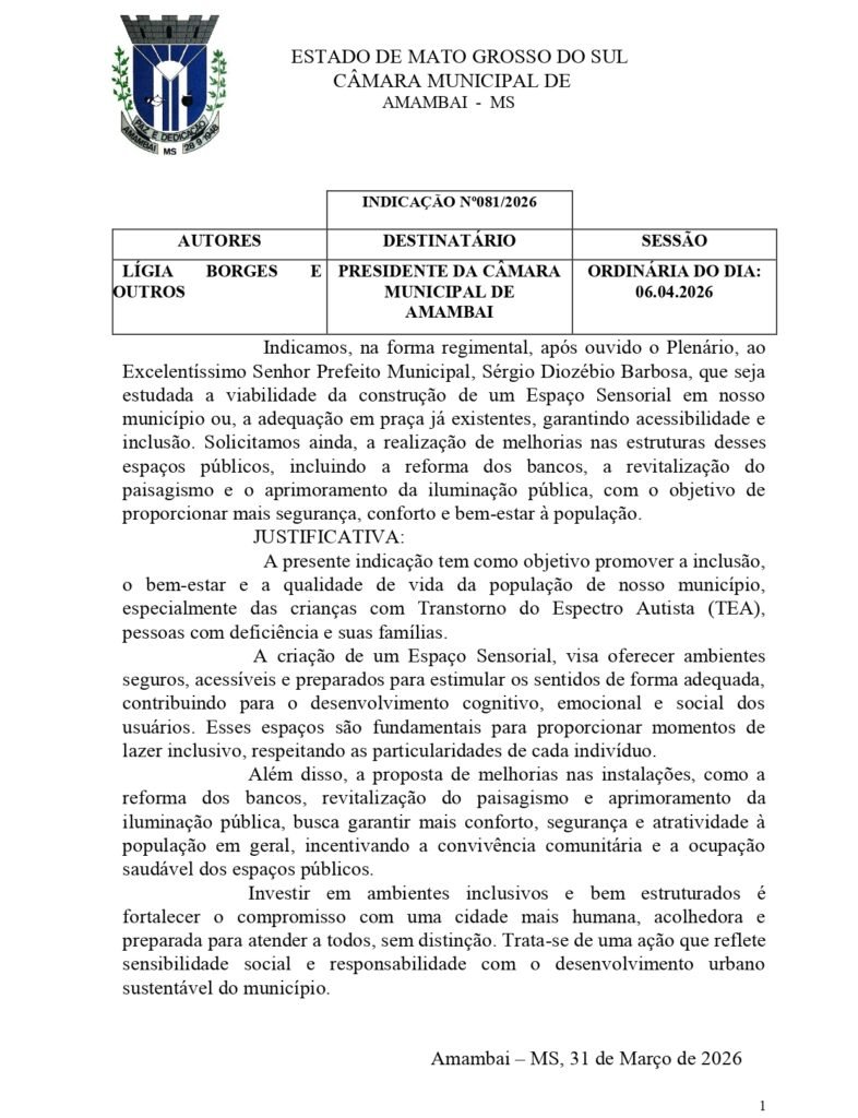 Implantação de Espaço Sensorial em Amambai pedida por vereadora