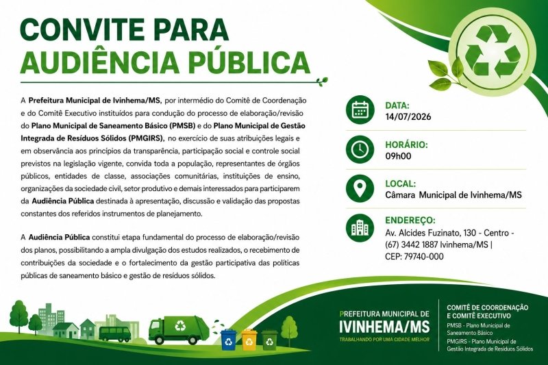Ivinhema promove audiência pública sobre saneamento básico nesta quarta-feira