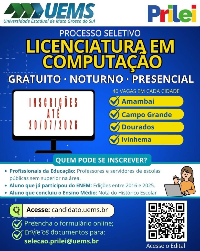 Inscrições para Licenciatura em Computação da UEMS em Amambai são estendidas até 20 de julho