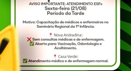 Mudanças nos atendimentos das ESFs em Nova Andradina nesta sexta-feira