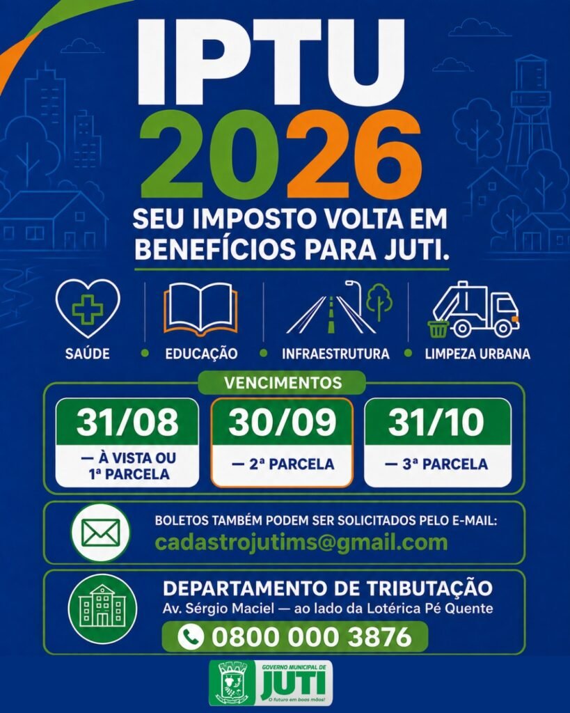 Juti alerta contribuintes sobre prazos do IPTU 2026